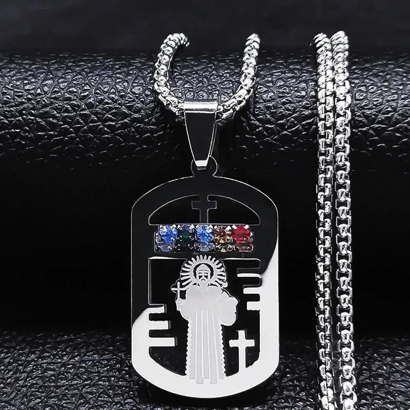 Catholic Jesus Cross Stainless Steel Necklace Saint Benedict Crystal Virgin Mary Pendant Crucifix Male Necklaces Jewelry cruz Good Vibrations