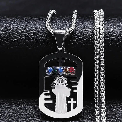 Catholic Jesus Cross Stainless Steel Necklace Saint Benedict Crystal Virgin Mary Pendant Crucifix Male Necklaces Jewelry cruz Good Vibrations