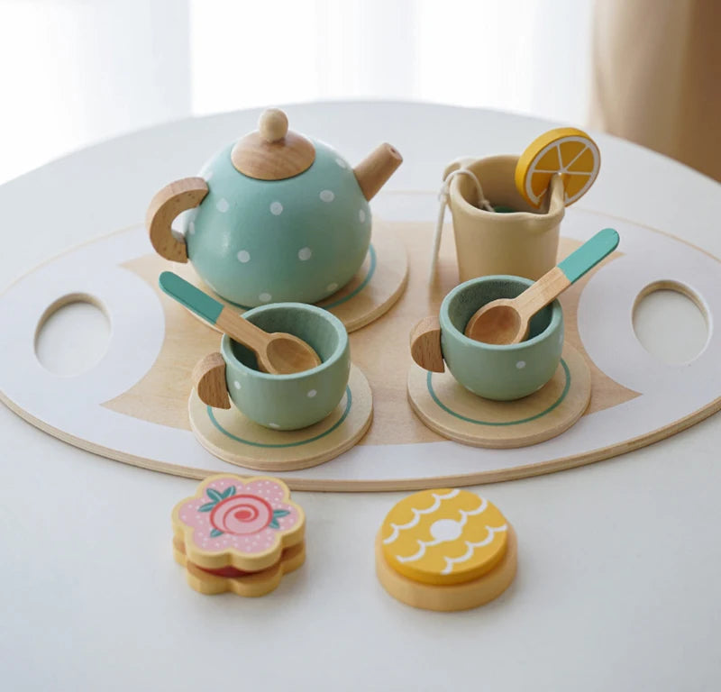 Wooden Afternoon Tea Set Toy Pretend Play Food Learning Role Play Game Early Educational Toys for Toddlers Girls Boys Kids Gifts Good Vibrations