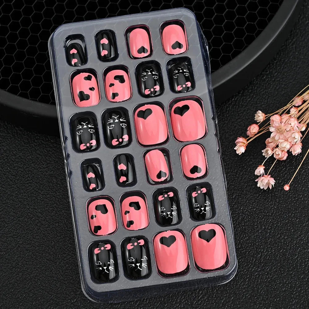 24 Pcs/box Children Cartoon Nail Tips Colorful Artificial Fake Nails for Cute Kids Girls Full Cover Short False Nail Art Kits* Good Vibrations