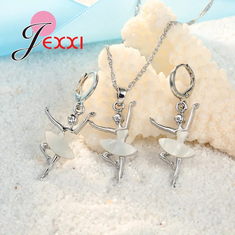 White Dancing Ballet Girls Jewelry Set 925 Sterling Silver Color Pendant Necklace/Earring Sets for Women Wedding Gifts Good Vibrations Adult Super Store