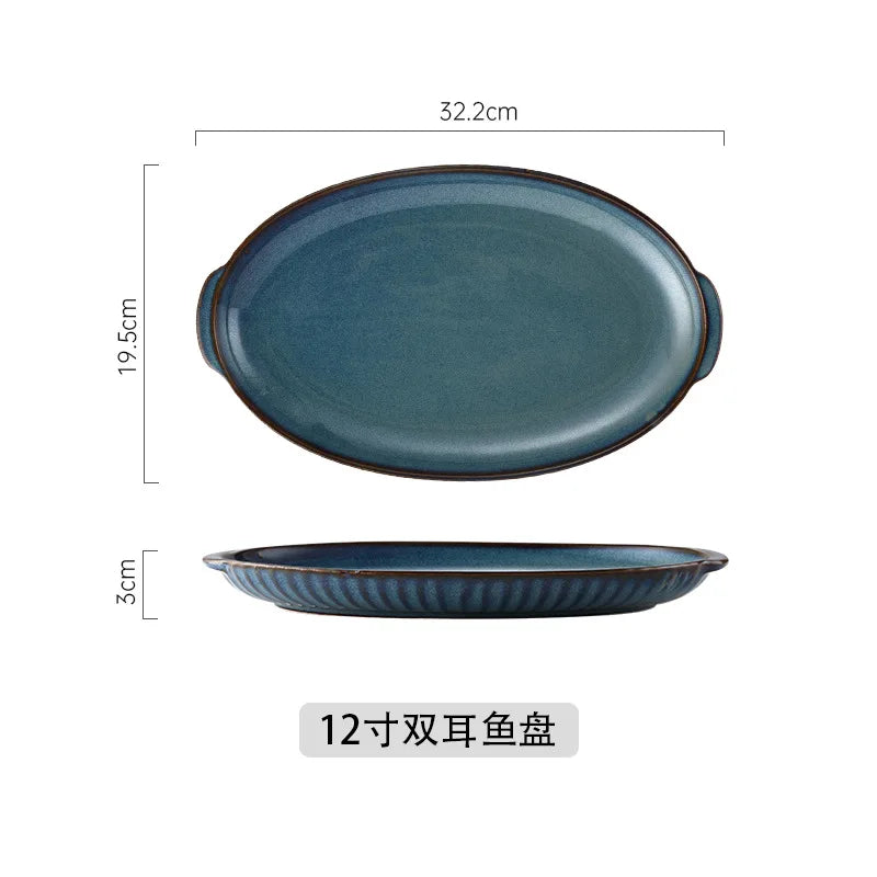 Blue Kiln Glazed Ceramic Plates, Microwaveable Dinner Plates, Round Rice Salad Bowls, Household Tableware Good Vibrations