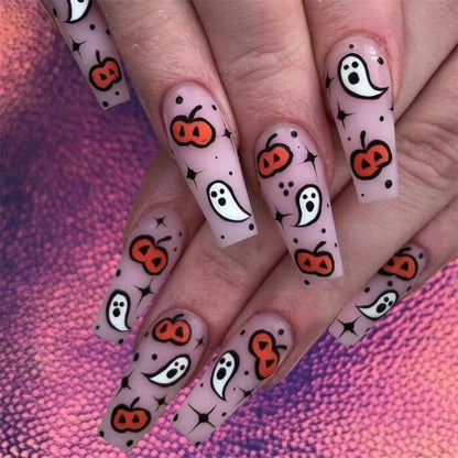 24Pcs/Set Long Ballet Fake Nail Art Halloween Pumpkin Head Artificial Acrylic Wearable Square Head Fake Nails Press on Nail Tips Good Vibrations