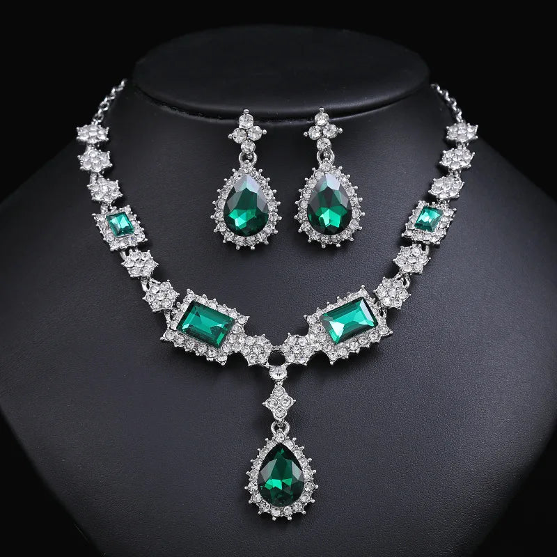 Bridal Jewelry Set Wholesale Silver Plated Red Green Blue Crystal Rhinestone Drop Earrings and Luxury Wedding Necklace for Women Good Vibrations