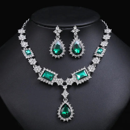 Bridal Jewelry Set Wholesale Silver Plated Red Green Blue Crystal Rhinestone Drop Earrings and Luxury Wedding Necklace for Women Good Vibrations