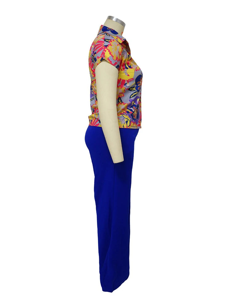Woman 2 Piece Outfit Set Plus Size Summer Casual Suit Set Floral Print Shirt Pants Set Basic Lounge Wear Good Vibrations