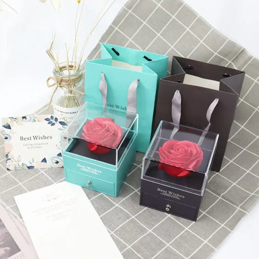 1 Rose Gift Box Artificial Flower Box+Carry Bag Ring Jewelry Storage Box Christmas Valentine's Day Mom Wedding Girlfriend Gifts Good Vibrations