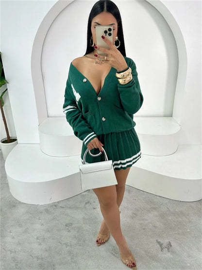 WLWXR Winter Women's Preppy Style Two Piece Sweater Skirt Set 2024 V-Neck Button Cardigan Sweater+Pleated Mini Skirt Matching