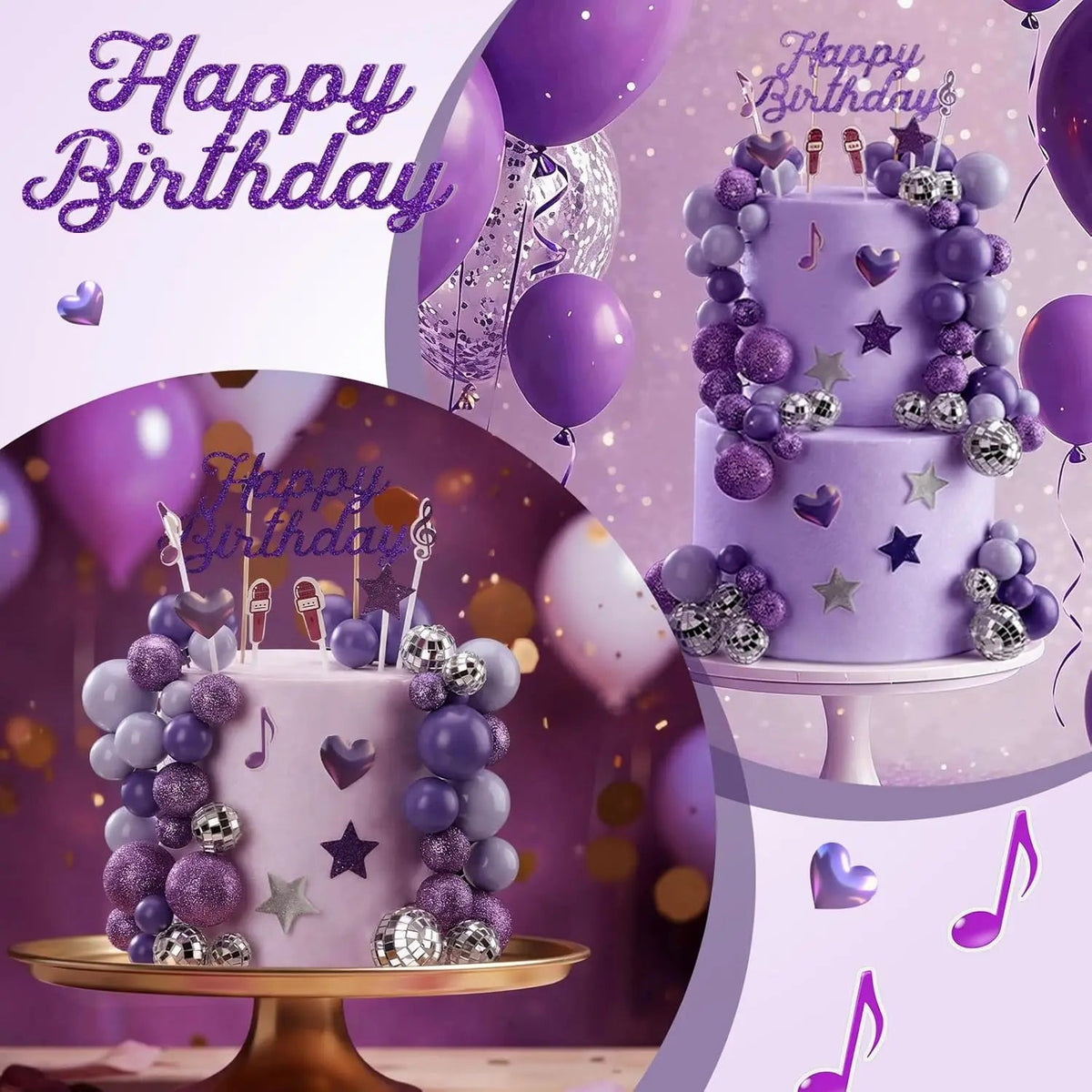 Complete K-Pop Party Cake Topper: Purple Disco Balls, Mic, Hearts & “Happy Birthday” – Music Theme Decor Good Vibrations