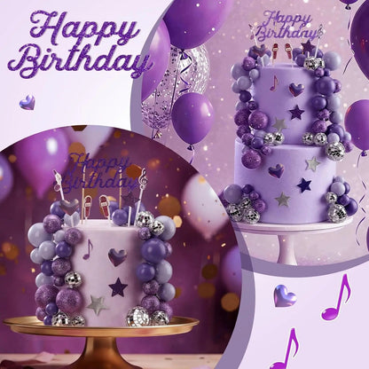 Complete K-Pop Party Cake Topper: Purple Disco Balls, Mic, Hearts & “Happy Birthday” – Music Theme Decor Good Vibrations