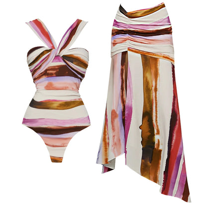 2Pcs Striped Swimsuit With Long Skirt Sexy Women Bikini Push Up Swimwear Halter Biquini Female Bathing Suit Slimming Beachwear Good Vibrations