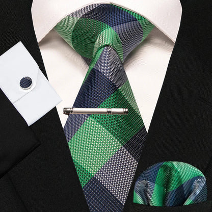 8cm Silk Mens Ties Green Black Ties plaid stripe NeckTie Pocket Square Cufflinks Tie clips Set Men's Wedding business Party Tie Good Vibrations