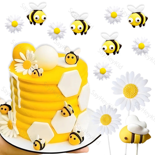 Daisy Bee Cake Toppers White Sunflower Bumble Bee Cake Decoration DIY Oh Babee Birthday Baby Shower Cupcake Topper Party Decor Good Vibrations