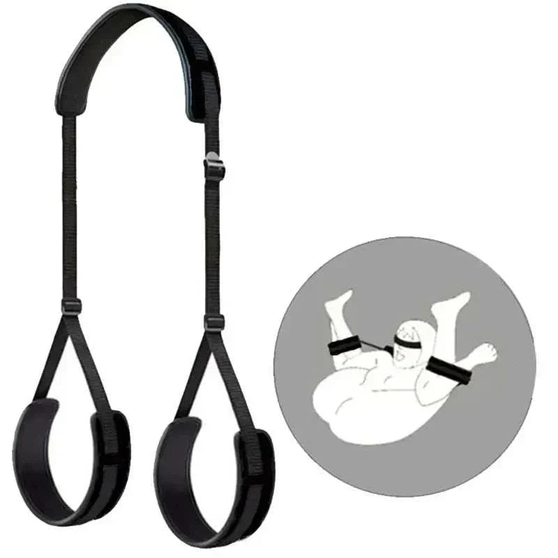 Open thigh BDSM sex toy with adjustable nylon straps and neck pillow for couples' erotic play.