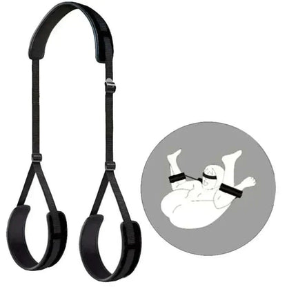 Open thigh BDSM sex toy with adjustable nylon straps and neck pillow for couples' erotic play.