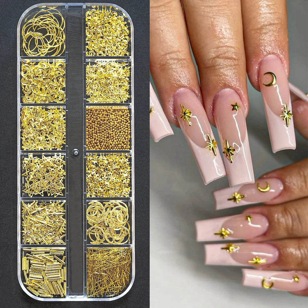 12Grid 3D Gold Ocean Rivet Nail Charms Mixed Seahorsea/Starfish /Conch Pearl/Mini Caviar Beads/Rhinestone Nail Jewery Decoration Good Vibrations