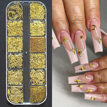 12Grid 3D Gold Ocean Rivet Nail Charms Mixed Seahorsea/Starfish /Conch Pearl/Mini Caviar Beads/Rhinestone Nail Jewery Decoration Good Vibrations