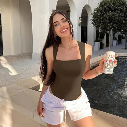 Women Sleeveless Knit Bodysuit Summer Sexy Bodycon Off Shoulder Jumpsuits Casual Bodice Stretchy Street Style Short Jumpsuits Good Vibrations