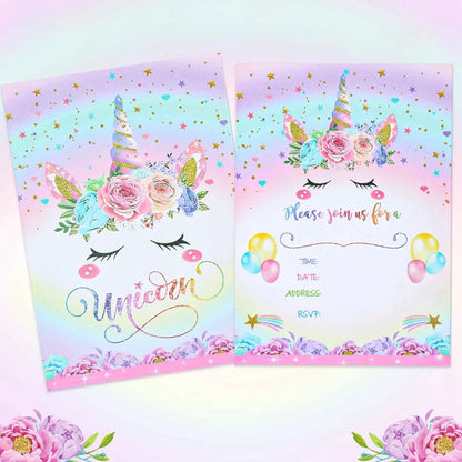 12pcs Invitation Card Unicorn Rainbow Balloon Envelope Card Girl Unicorn Theme Party Invitation Happy Birthday Party Decoration Good Vibrations