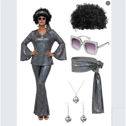 70s Women Disco Outfit Costume Disco Party Top Pants Sunglasses Ball Necklace Earring Wig for Halloween Easter Party Dress Up Good Vibrations