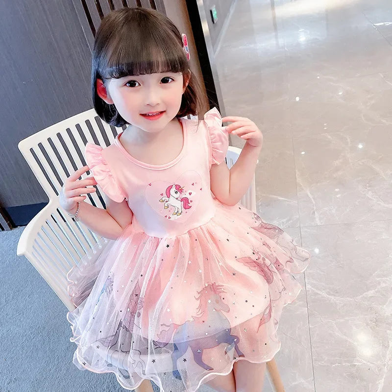 Girls Clothes 2025 New Summer Princess Dresses Flying Sleeve Kids Dress Unicorn Party Baby Dresses for Children Clothing 1-6Y Good Vibrations