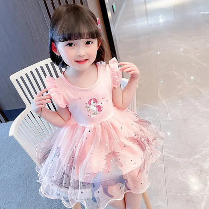 Girls Clothes 2025 New Summer Princess Dresses Flying Sleeve Kids Dress Unicorn Party Baby Dresses for Children Clothing 1-6Y Good Vibrations
