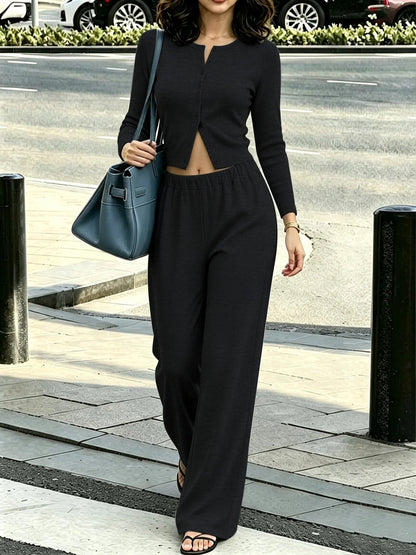 Women's Two Piece Outfit, Round Neck Button Front Long Sleeve Crop Top & Elastic Waist Wide Leg Casual Pants Set Good Vibrations