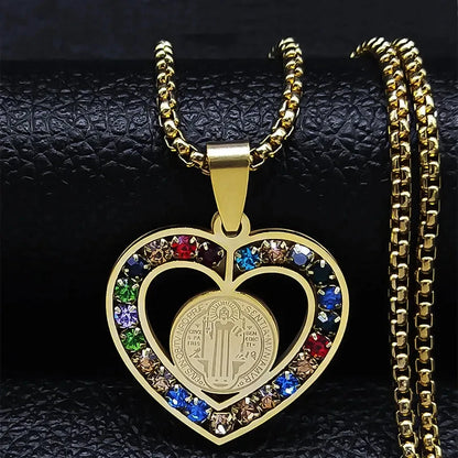 Catholic Jesus Cross Stainless Steel Necklace Saint Benedict Crystal Virgin Mary Pendant Crucifix Male Necklaces Jewelry cruz Good Vibrations