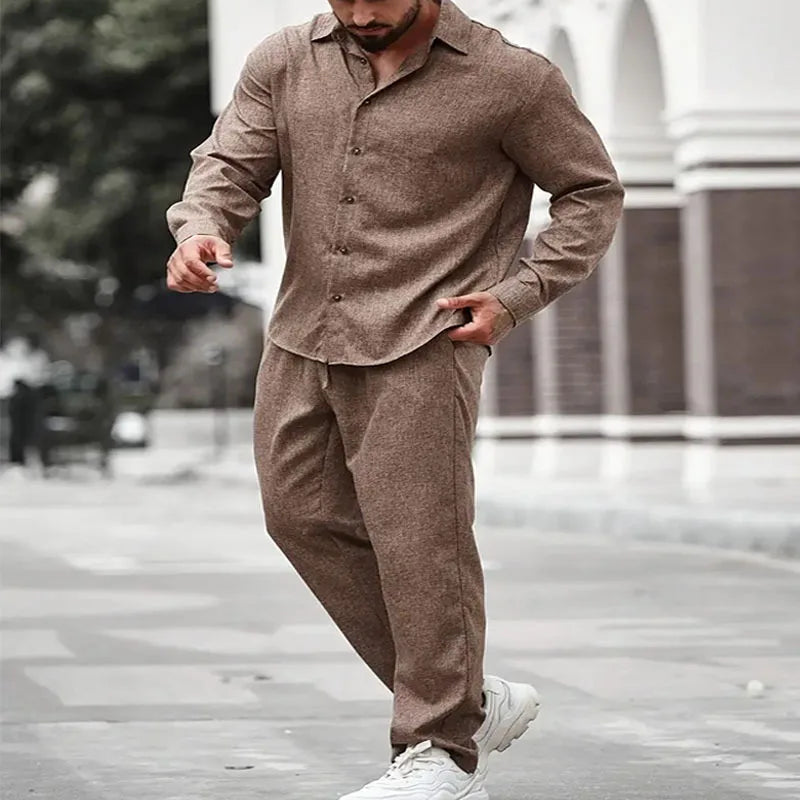 Men Shirt 2 Piece Sets Top Straight Pants Suit Single Breasted Turn Down Collar Drawstring Outfits 2025 Autumn Casual Ensemble Good Vibrations