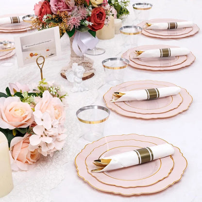 350PCS Pink Plates Disposable-50guest Baroque Plastic Dinnerware include 100Plates,50Pack Pre Rolled Napkins w/Silverware 50Cups Good Vibrations