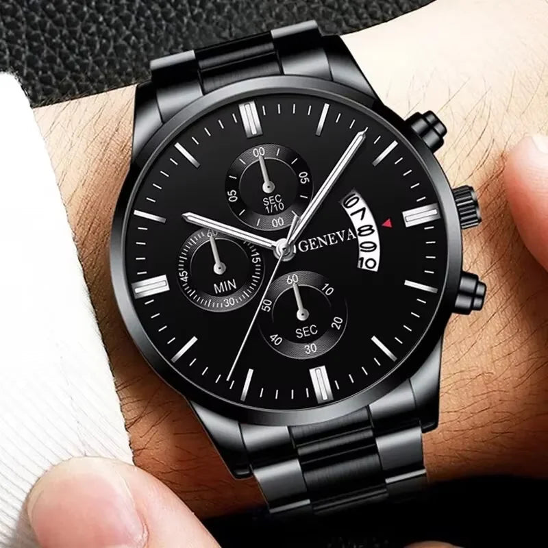 3PCS Men's Watch Set Business Trend Classic Round Dial Quartz Watch Bracelet Necklace Set Perfect Gift for Friends or Dad Good Vibrations
