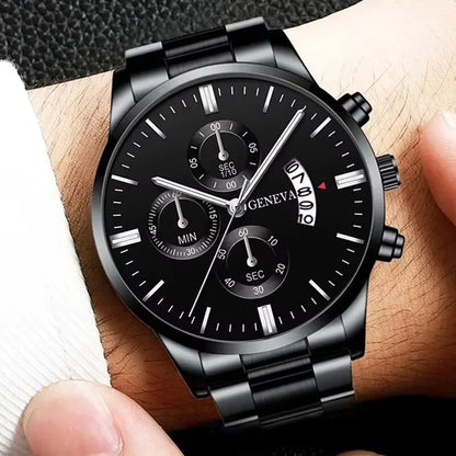 3PCS Men's Watch Set Business Trend Classic Round Dial Quartz Watch Bracelet Necklace Set Perfect Gift for Friends or Dad Good Vibrations