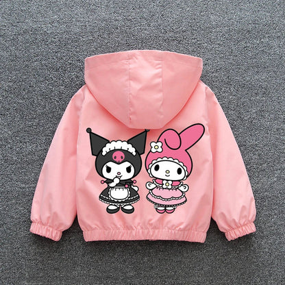 Kuromi Melody Girls Windbreaker Jacket 2024 New Spring Autumn Kid Fashion Cartoon Zipper Hooded Coat Teen Clothing Birthday Gift Good Vibrations