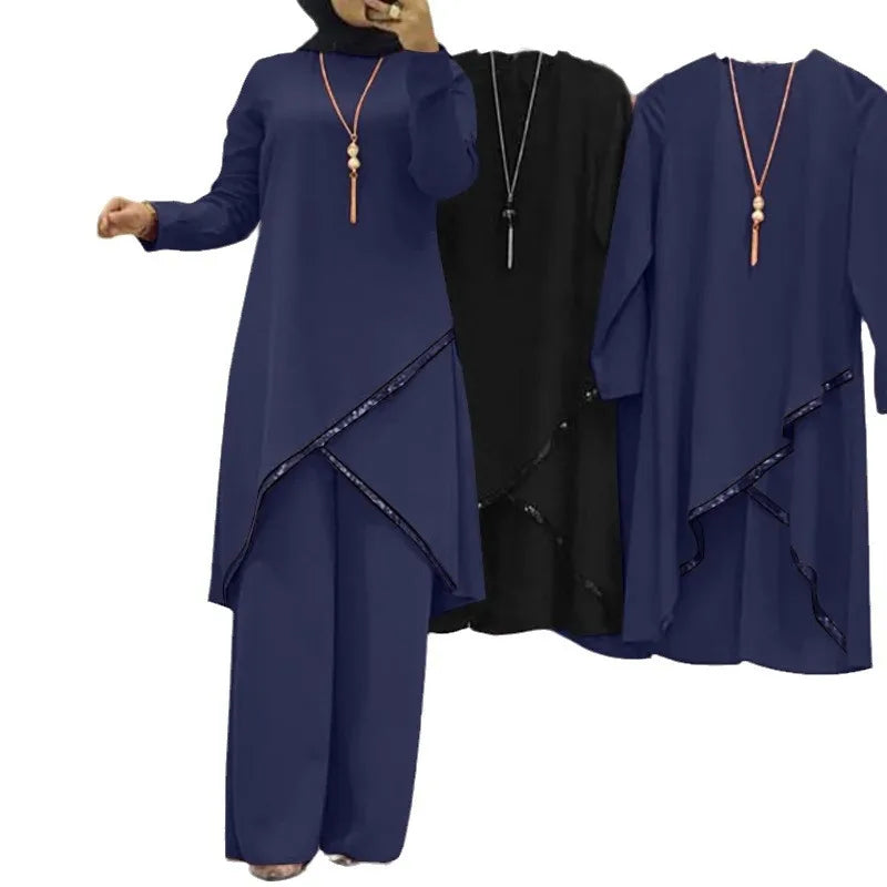 Women Eid Musulman Ensemble Muslim Sets Solid Blouses Wide Leg Pants Ramadan Morocco Two Pieces Dubai Kaftan Loose Modest Good Vibrations