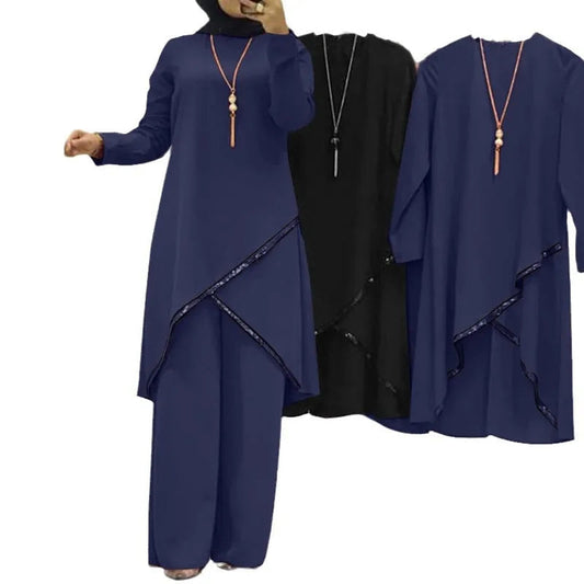 Women Eid Musulman Ensemble Muslim Sets Solid Blouses Wide Leg Pants Ramadan Morocco Two Pieces Dubai Kaftan Loose Modest Good Vibrations