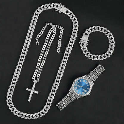 13mm Necklace +Watch+Bracelet Hip Hop Miami Cuban Chain Iced Out Paved Rhinestone CZ Bling Rapper For Men Jewelry KIT Jewelry Good Vibrations