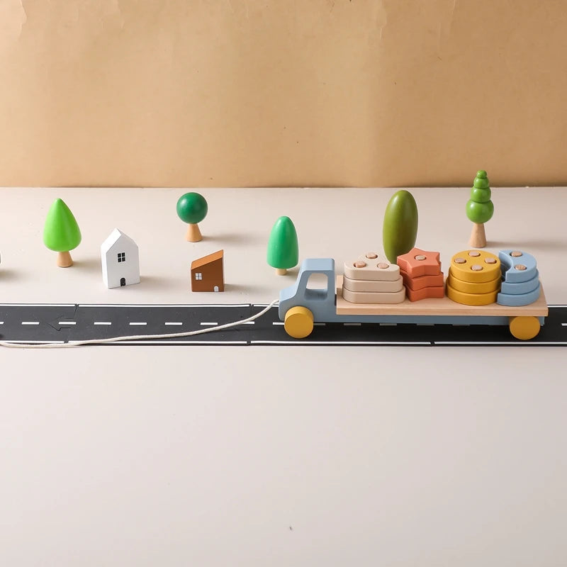 Wooden Baby Toy  Wooden Trailer  Babies Learn Cognitive Toy  Hand And Foot Coordination Toy  Color Recognition Toy  Silicone Toy Good Vibrations