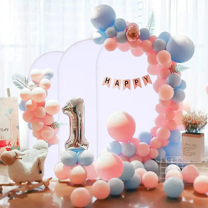 Wedding Arch Backdrop Stand and Cover Set (7.2FT, 6.6FT, 5.9FT) 3 Gold Metal Arch Stands 3 White Spandex Arch Covers for Party Good Vibrations