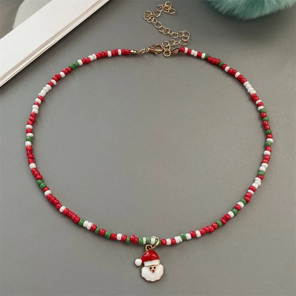 Christmas Necklaces for Women Girls Handmade Rice Beads X'mas Tree Santa Claus Snowman Gift Necklace Pendant New Year Jewelry Good Vibrations