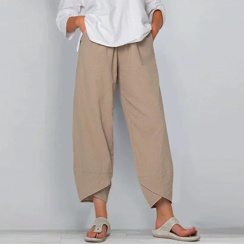Vintage Print Pants Women Fashion Irregular Casual High Waist Elastic Waist Straight Loose Trousers Summer Lady Cargo Pantalon Good Vibrations