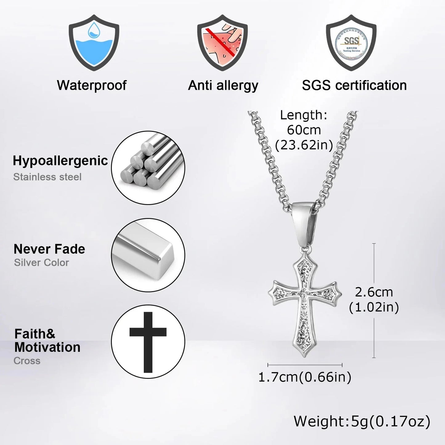 Hip Hop Cross Necklace for Men Women,50/55/60cm Stainless Steel Chic Cross Pendant,Christian Classic Jewelry Gifts Good Vibrations
