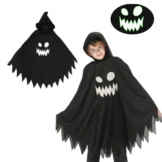 Halloween Kids Cosplay Costume White Black Luminous Ghost Luminous Face Cape Shawl Party Dress-Up Costume Boys Cape Girl Skirt Good Vibrations