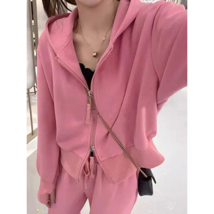 Casual Hooded Open Cardigan Sweatshirt Slimming Sporty Wide Leg Pants Two Piece Set Fashionable Versatile Polyester Long Sleeve Good Vibrations