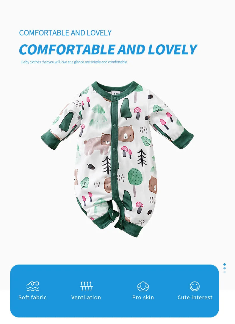 Baby Autumn Clothes Cartoon Animal Elements Baby Boy Long Sleeved Jumpsuit Casual Baby Single Breasted Clothes Good Vibrations