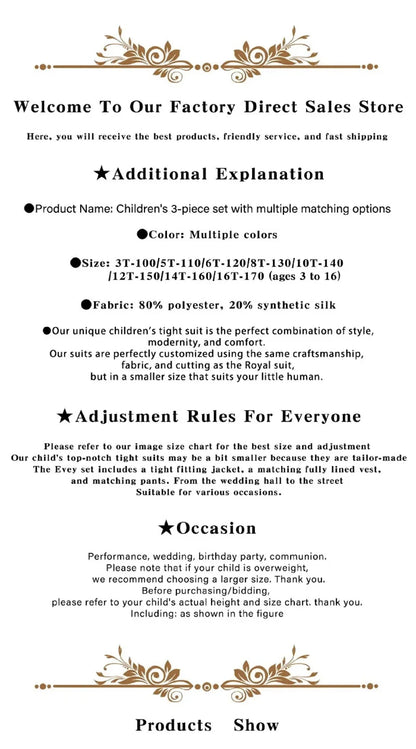 Classic Boy's Suit Set Sequin Suit Jacket Vest Pants Set Tuxedo For Boys Flower Boy Mini Suit Evening Party Wedding Suit For Boy Good Vibrations