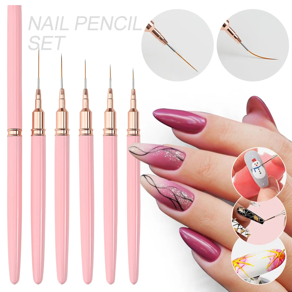 7/10/12/15/20m Pink French Nail Art Liner Painting Brush 5Pcs/set Ultra-thin Elongated Lines Nail Drawing Pen Brush DIY Manicure Good Vibrations
