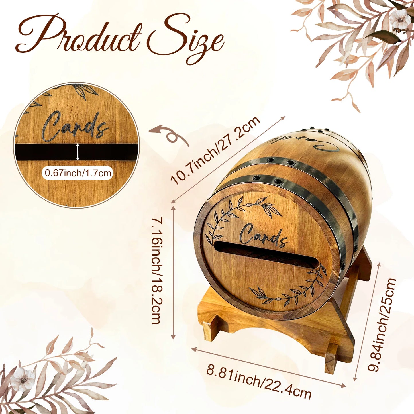 Wooden barrel-shaped card holder with dimensions and 'Cards' text on a beige background.