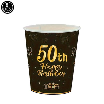 50th Birthday Party Supplies for Men Women Black and Gold 50 Years Old Party Paper Plates Cups Napkin Tablecloth Tableware Decor Good Vibrations