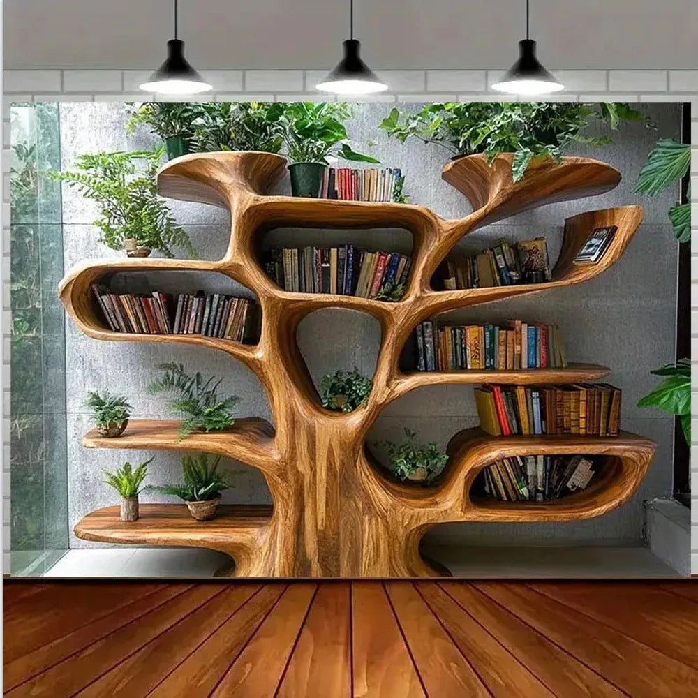Tree Bookshelf Tapestry Multiple Sizes 2D Print Nordic Tree Plants Reading Theme Polyester Living Study Reading Nook Calm Good Vibrations