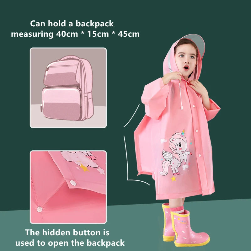 Cute Kids Raincoat Wateproof Children Dinosaur Unicorn Rain Poncho Rain Coat Jacket With Backpack Position Student RainWear Good Vibrations